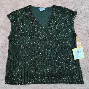 CeCe Shirt Womens S Green Blouse Career Evening Sparkly Casual Preppy‎ New